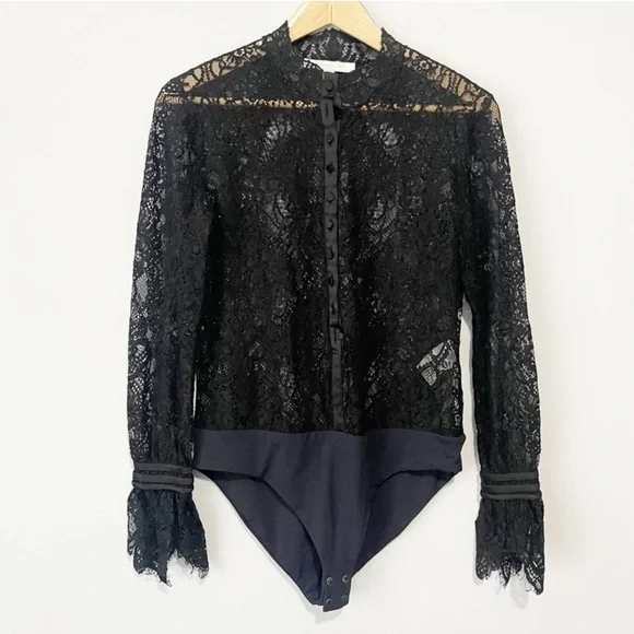 Jonathan Simkhai black lace long sleeve bodysuit button front size medium - Picture 6 of 8